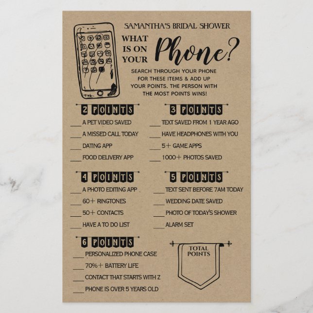 What is on your Phone Rustic Bridal Shower Game Flyer (Front)