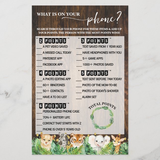 What is on your Phone Safari Baby Shower Game Card Flyer (Front)