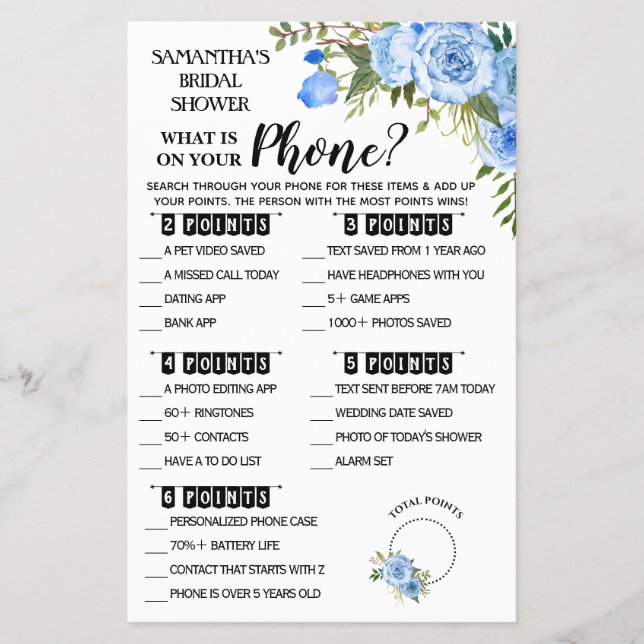 What is on your Phone Shower Bilingual Game card F Flyer (Front)