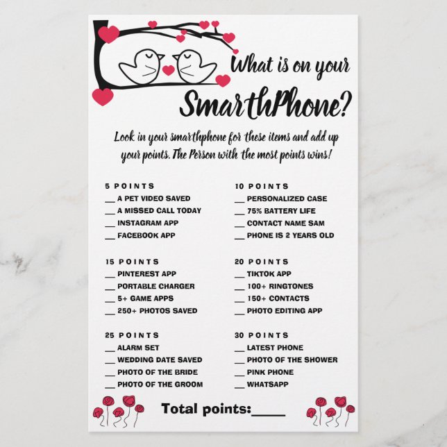 What is on your Phone Shower Game Card Love Bird Flyer (Front)