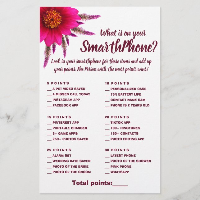 What is on your Phone Shower Game Card Purple Flyer (Front)