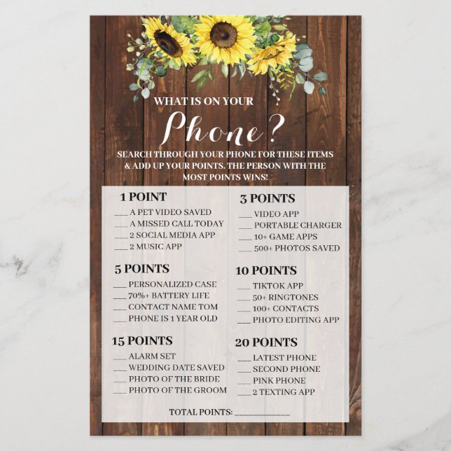 What is on your Phone Sunflowers Shower Game Card Flyer (Front)