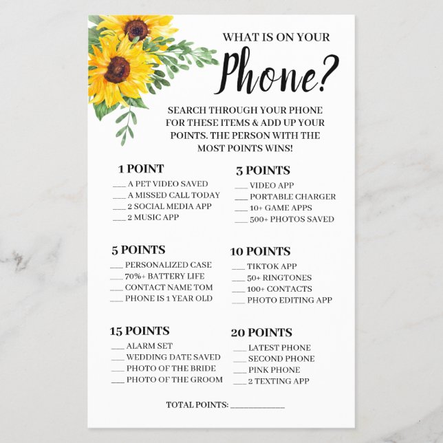 What is on your Phone Sunflowers Shower Game Card  Flyer (Front)