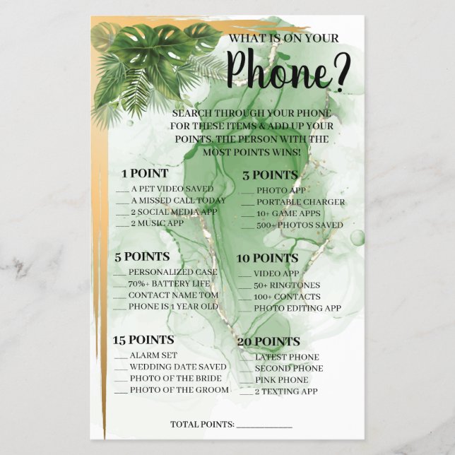What is on your Phone Tropical Shower Game Card Fl Flyer (Front)