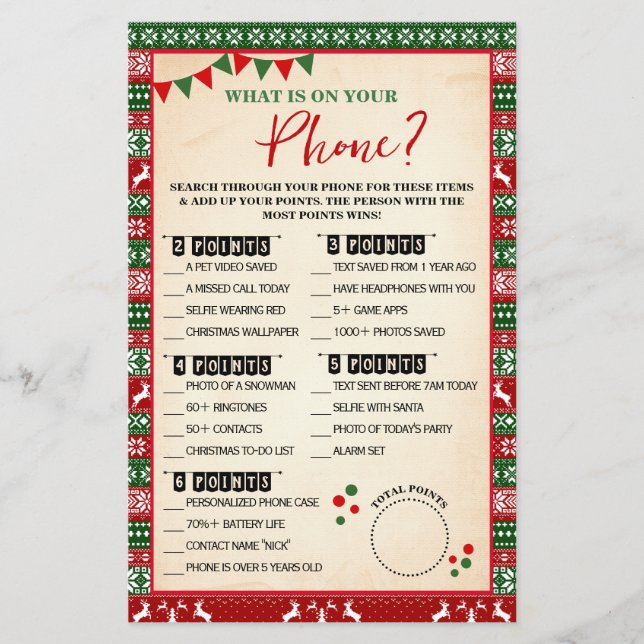 What is on your Phone Ugly Sweater Game Card Flyer (Front)