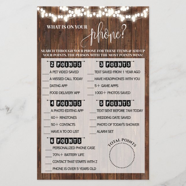 What is on your Phone Western Bridal Shower Game Flyer (Front)