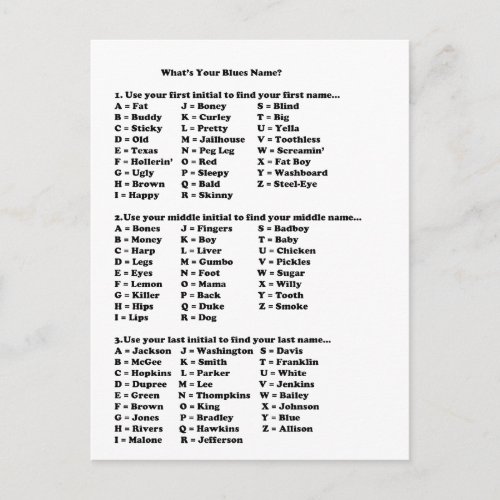 What is your blues nickname postcard