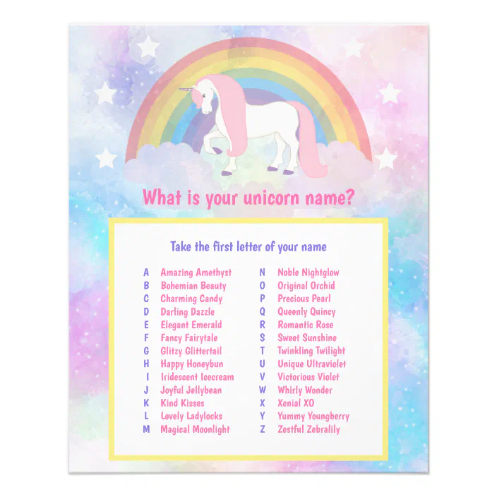 whats my unicorn name game,printable unicorn name game,rainbow unicorn party,unicorn party,Pretty Inc Unicorn name game unicorn party game