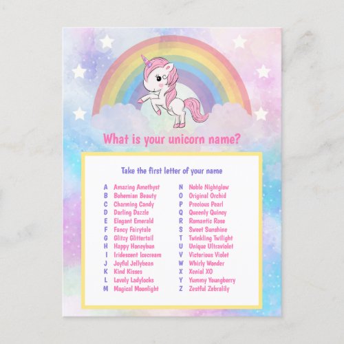 What is Your Unicorn Name Game Postcard