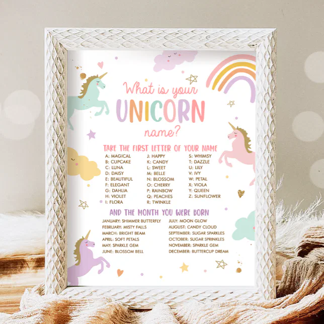 What Is Your Unicorn Name Magical Birthday Game Poster | Zazzle