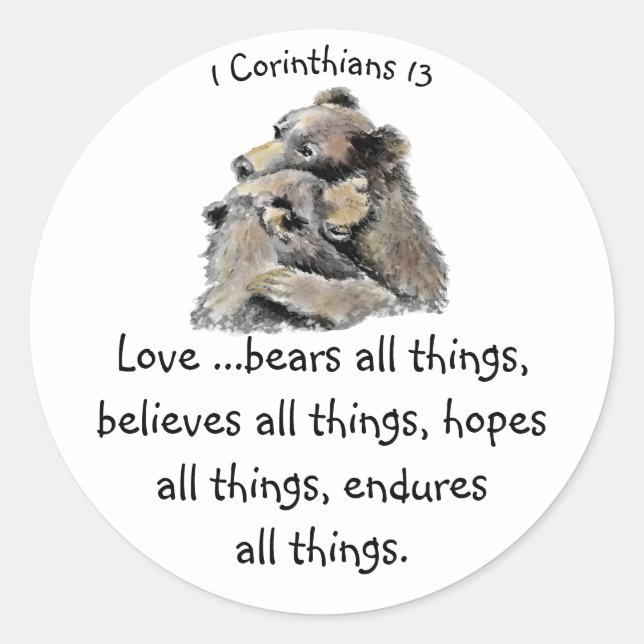 What Love is Bible Scripture Hugs Bears Classic Round Sticker (Front)