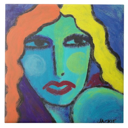 What Now  Colorful Abstract Portrait of a Woman Ceramic Tile