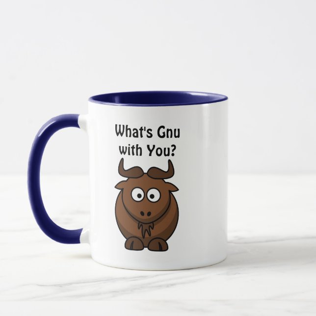 What’s Gnu, Funny Buffalo Cartoon Animal Pun Mug (Left)