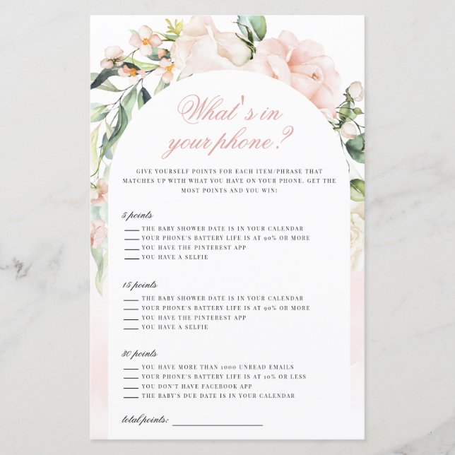 What’s In Your Phone Blush Girl Baby Shower Game (Front)