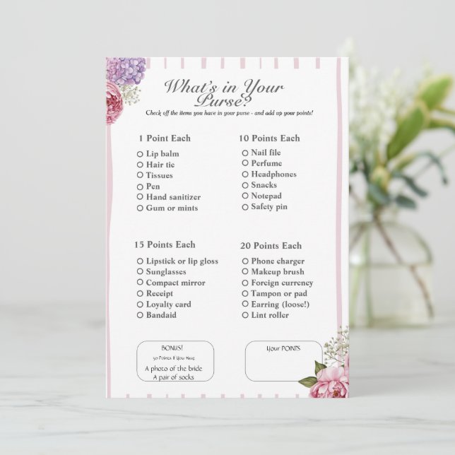 What’s in Your Purse? Bridal  Shower floral Game Invitation (Standing Front)