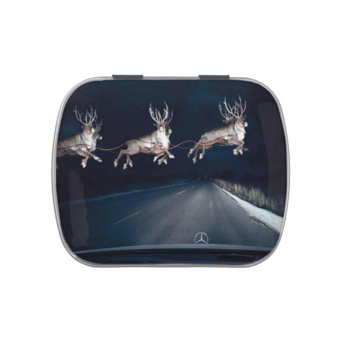 "Whatshould appear" flying reindeer candy tin