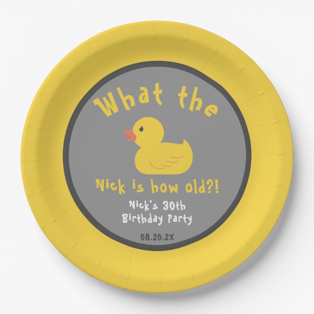 What the Duck Birthday Punny Yellow Paper Plates (Front)