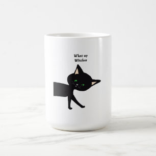 What Up Witches! Funny Black Cat with Green Eyes Color Morph Mug