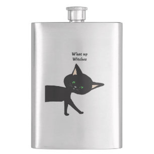 What Up Witches! Funny Black Cat with Green Eyes Flask