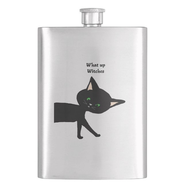 What Up Witches!  Funny Black Cat with Green Eyes Flask (Front)