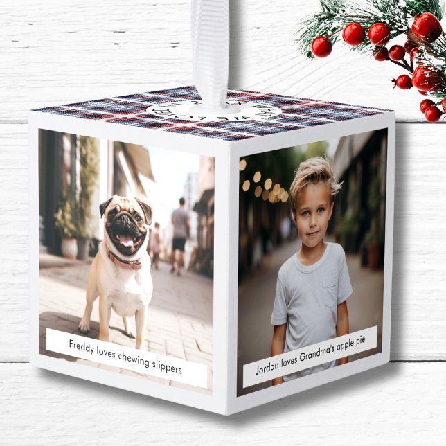 What we Loved in 2023 Christmas Photo Family Gift  Cube Ornament (What we Loved in 2023 Personalized Holiday Photo Family Gift  Cube Ornament blue red farnhouse chic)