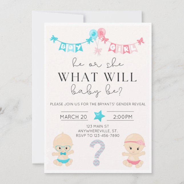 “What will baby be?” Gender Reveal Invitation (Front)