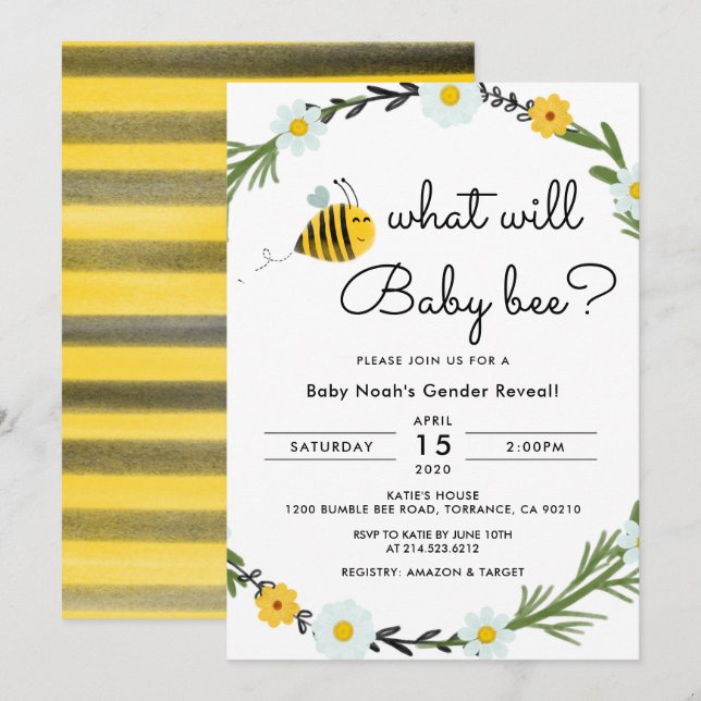 What Will Baby Bee Baby Shower Gender Reveal Invitation (Front/Back)