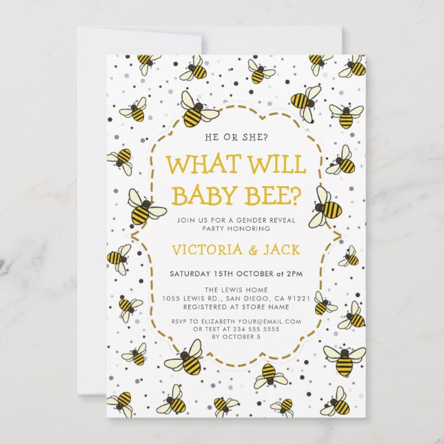 What Will Baby Bee, Cute Bee Pattern Gender Reveal Invitation (Front)
