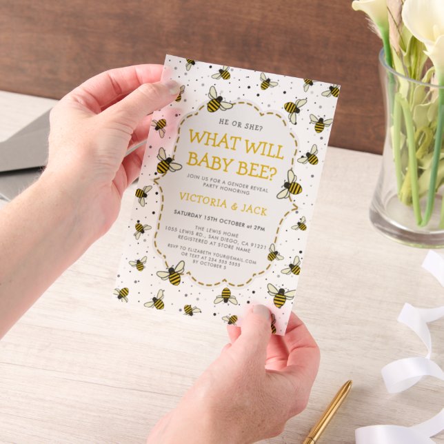What Will Baby Bee, Cute Bee Pattern Gender Reveal Vellum Invitations (Handheld)