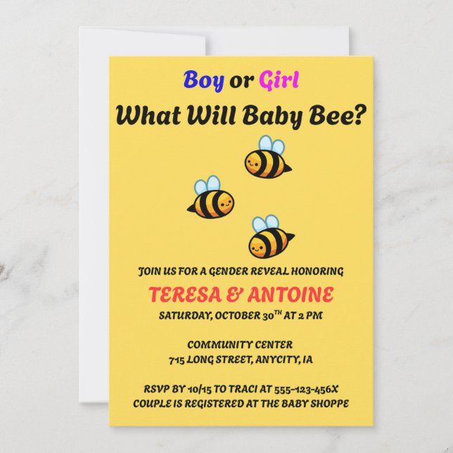 What Will Baby Bee Gender Reveal Invitation (Front)