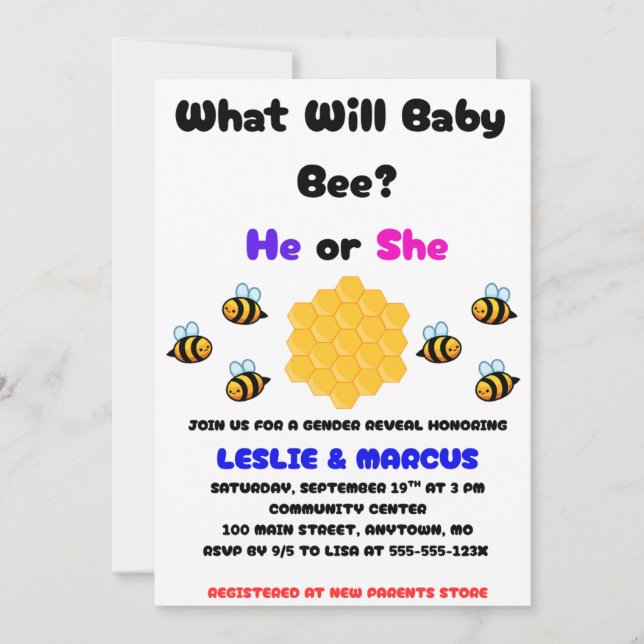 What Will Baby Bee Gender Reveal Invitation (Front)