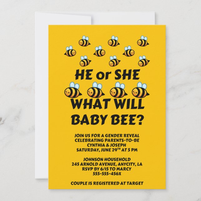 What Will Baby Bee Gender Reveal Invitation (Front)