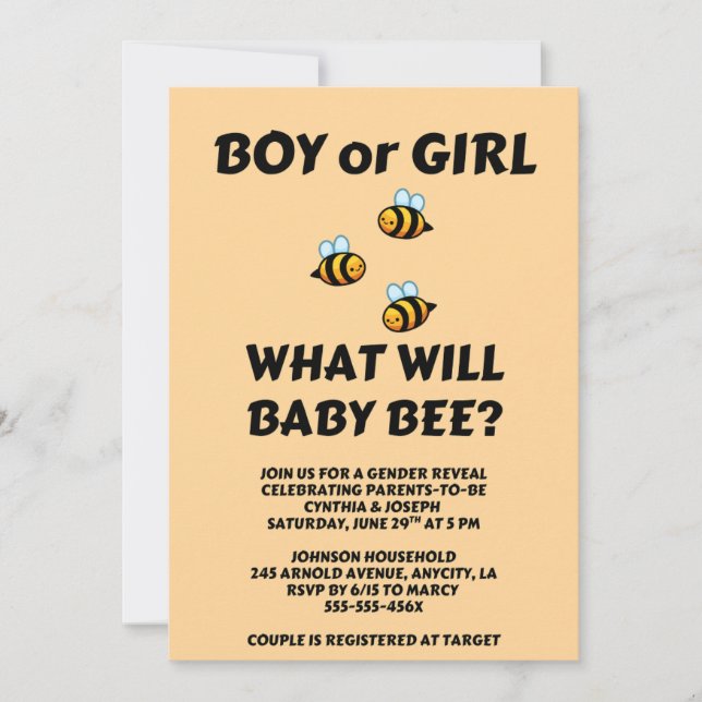 What Will Baby Bee Gender Reveal  Invitation (Front)