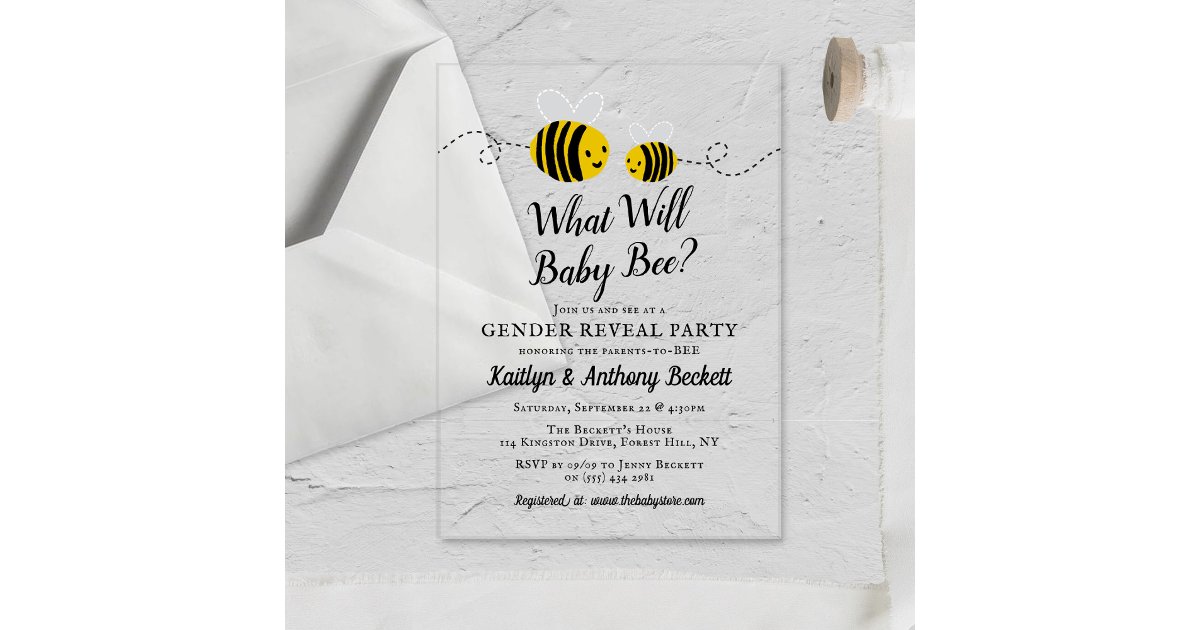 What Will Baby Bee Gender Reveal Party Acrylic Invitations | Zazzle