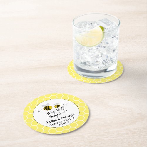 What Will Baby Bee Gender Reveal Party Round Paper Coaster