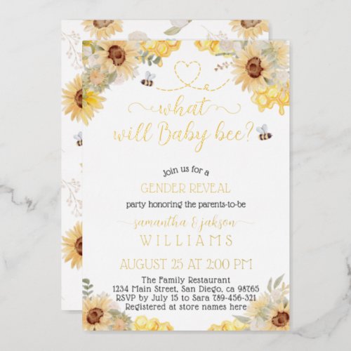 What will baby bee sunflower Gender Reveal Foil Invitation