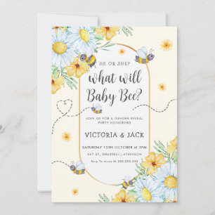 What Will Baby Bee White Flowers Gender Reveal Invitation