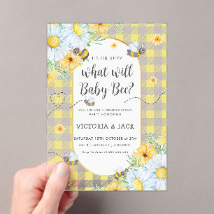 What Will Baby Bee Yellow Gingham Gender Reveal Acrylic Invitations