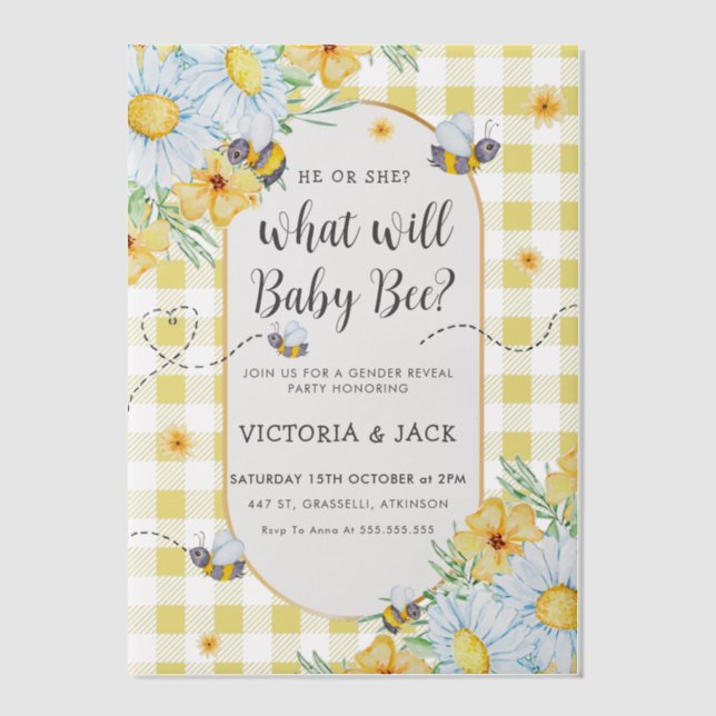What Will Baby Bee Yellow Gingham Gender Reveal Vellum Invitations (Front)