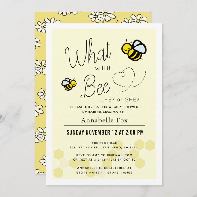 What will it Bee Gender Reveal Yellow Baby Shower Invitation (Front/Back)