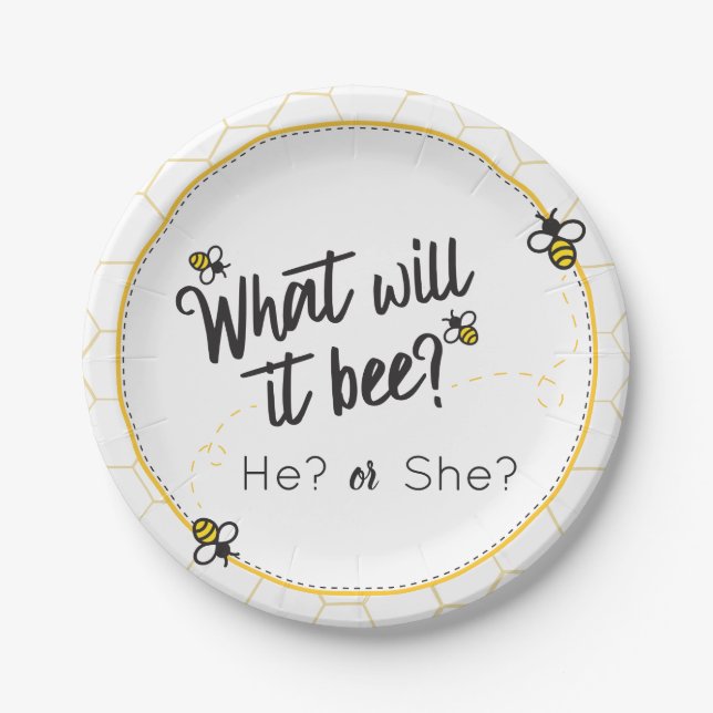 What will it Bee? He She Gender Reveal Baby Shower Paper Plates (Front)