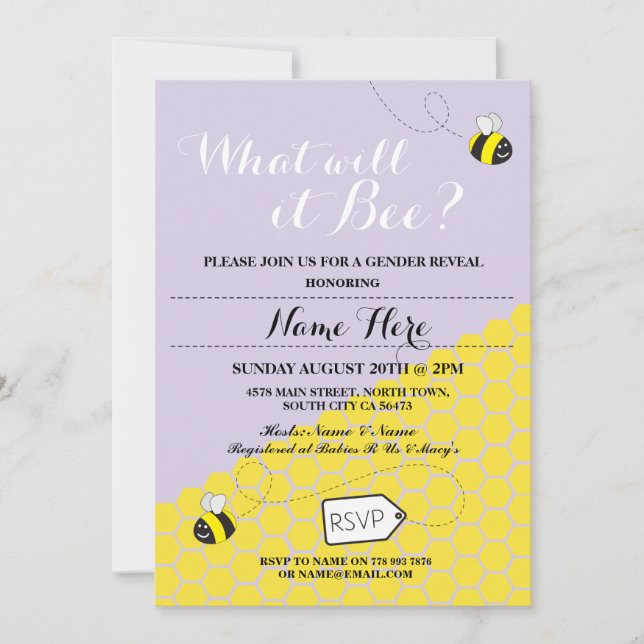 What will it Bee? Purple Baby Shower Party Invite (Front)
