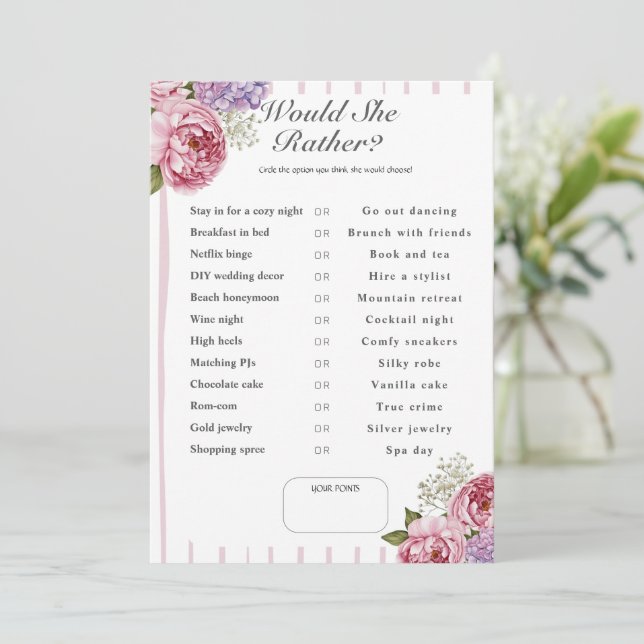 What Would She Choose? Floral Bridal Shower game Invitation (Standing Front)