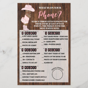What your Phone AA Cowgirl Baby Shower Game Card Flyer