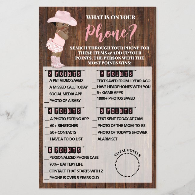 What your Phone AA Cowgirl Baby Shower Game Card Flyer (Front)