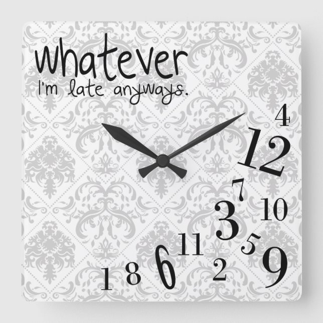 whatever - gray and white damask pattern square wall clock (Front)