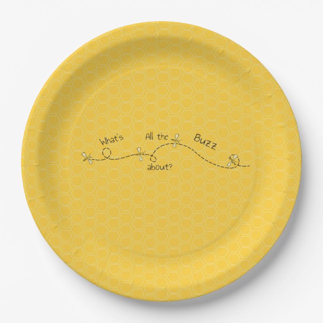"What's All The Buzz About?" Hand-Drawn Honeycomb  Paper Plates (Front)
