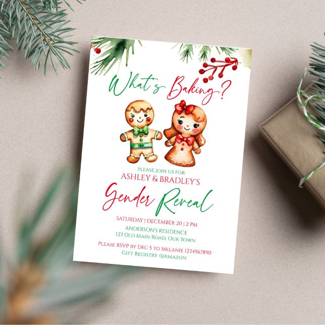 What's baking gingerbread Christmas gender reveal Invitation (What's baking gingerbread Christmas gender reveal editable template Invitation digital download)