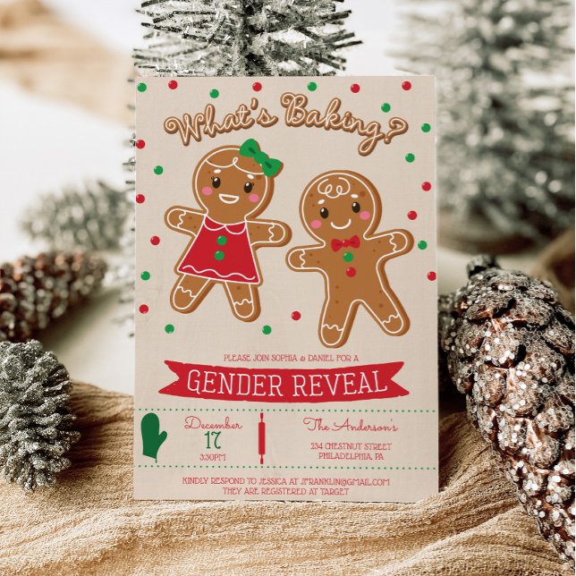 What's Baking Gingerbread Gender Reveal Invitation (gender reveal, holiday, christmas, gingerbread, christmas cookies, boy or girl, he or she)