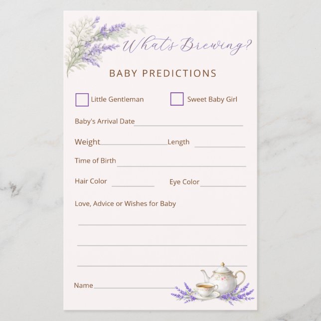 What's Brewing Tea Party Baby Prediction Card Flyer (Front)